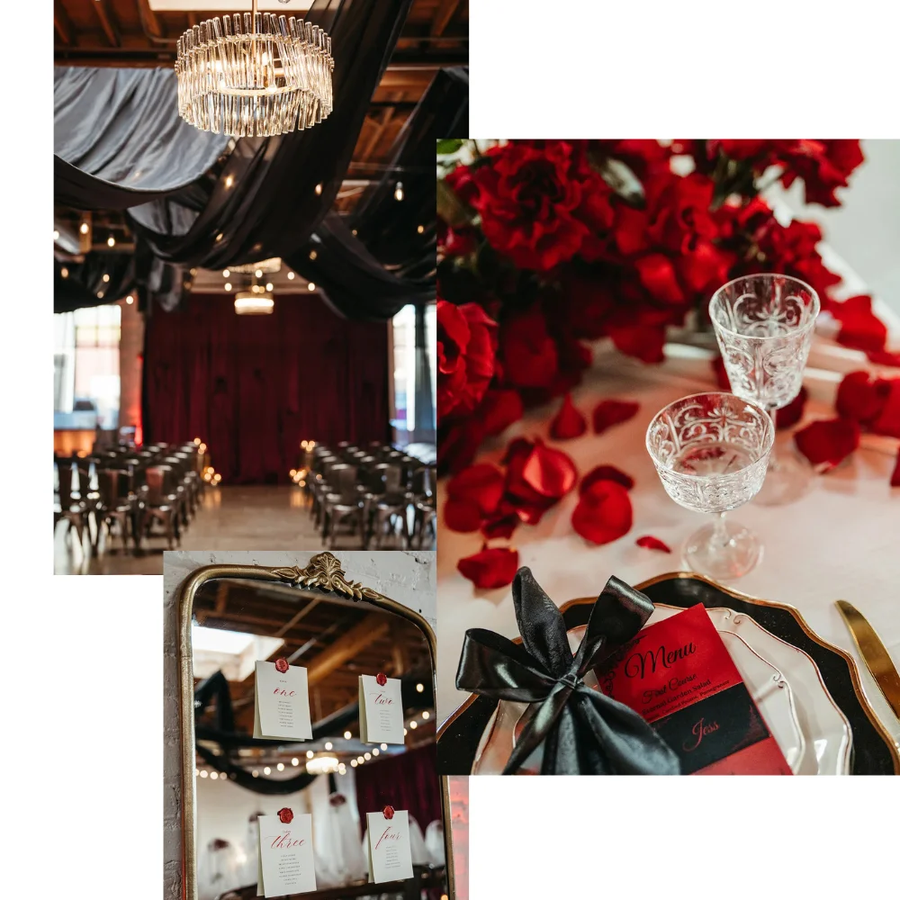 Collage of images detailing SKYLIGHT's open house with red florals and draping, and gold and black accents