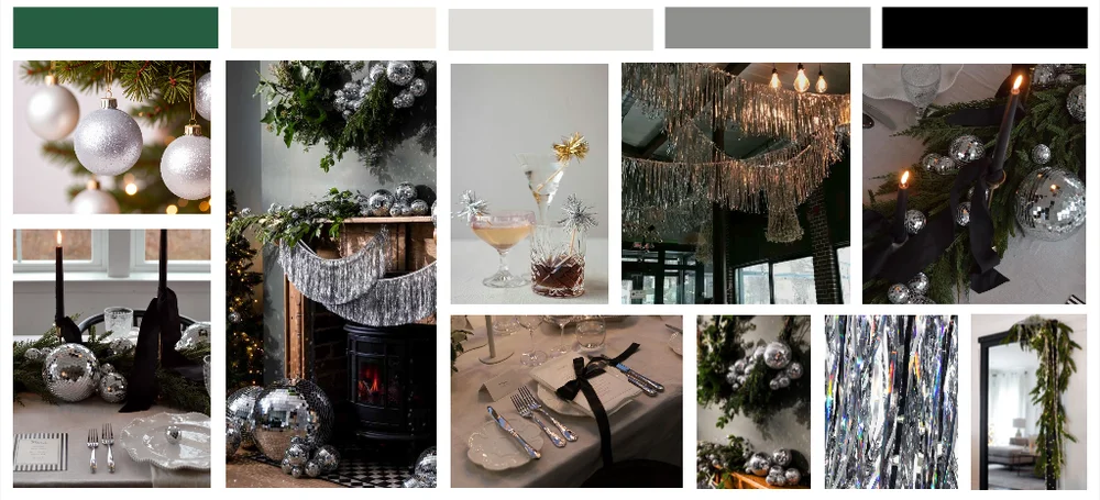 December Disco holiday tablescape mood board with silver sparkle, mirrored textures, and modern festive décor inspiration