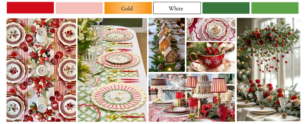 Vintage Candy Cane holiday tablescape mood board with nostalgic décor, red and white accents, and festive holiday styling inspiration