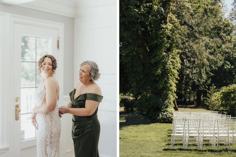 Collage of two images: One of a bride and her mom helping her put on her wedding dress, and the other of ceremony chairs set up for the wedding