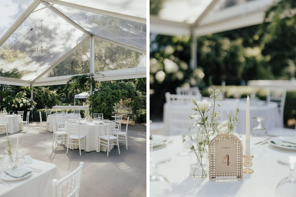 Collage of two images of a wedding reception outdoors