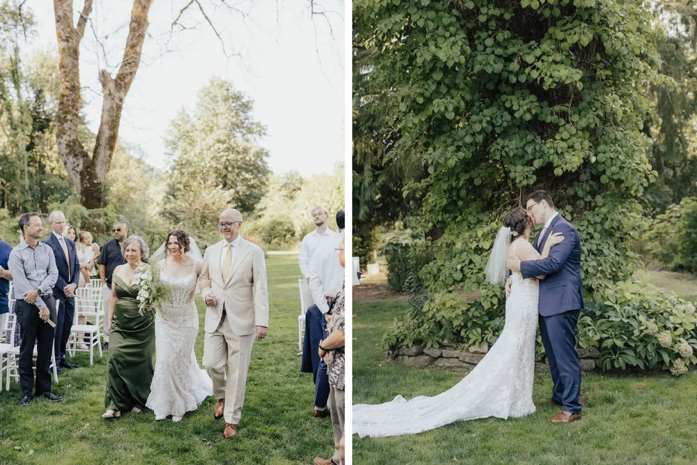 Collage of two images: One of a bride and her parents walking her down the aisle at her outdoor ceremony, and the other of the bride and groom kissing at the altar