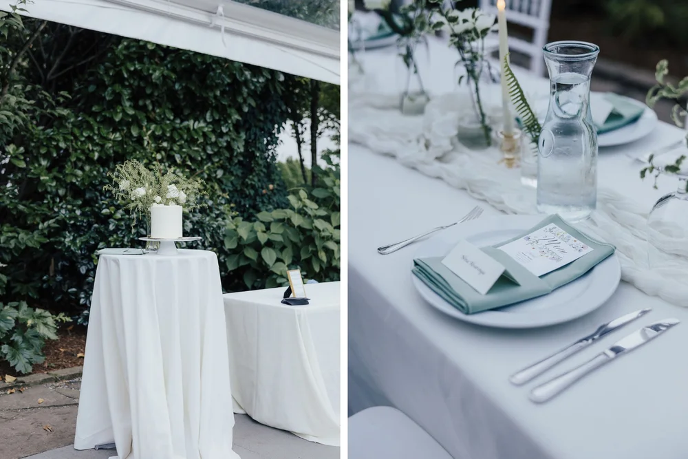 Collage of two images: one of a cocktail table with a small wedding cake and the other of a close-up of a wedding reception table