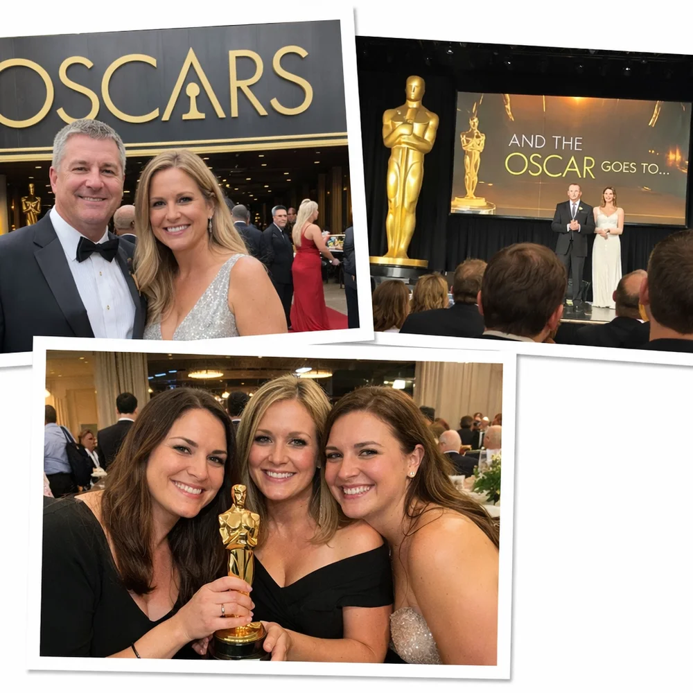 Collage of people enjoying an Oscars-themed gala